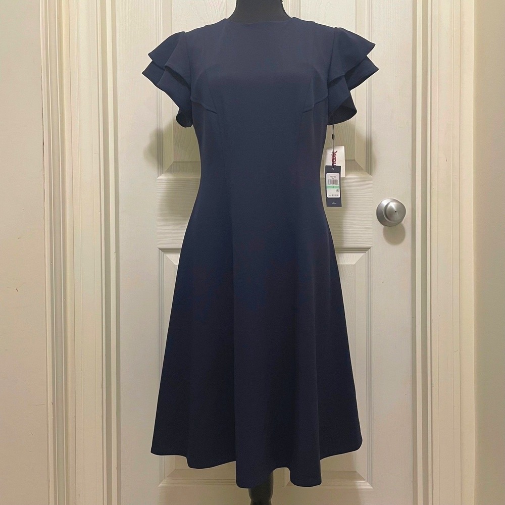 NEW Tommy Hilfiger Fit &‎ Flare Ruffle Sleeve Dress Navy Blue Skater Size 8 NWT